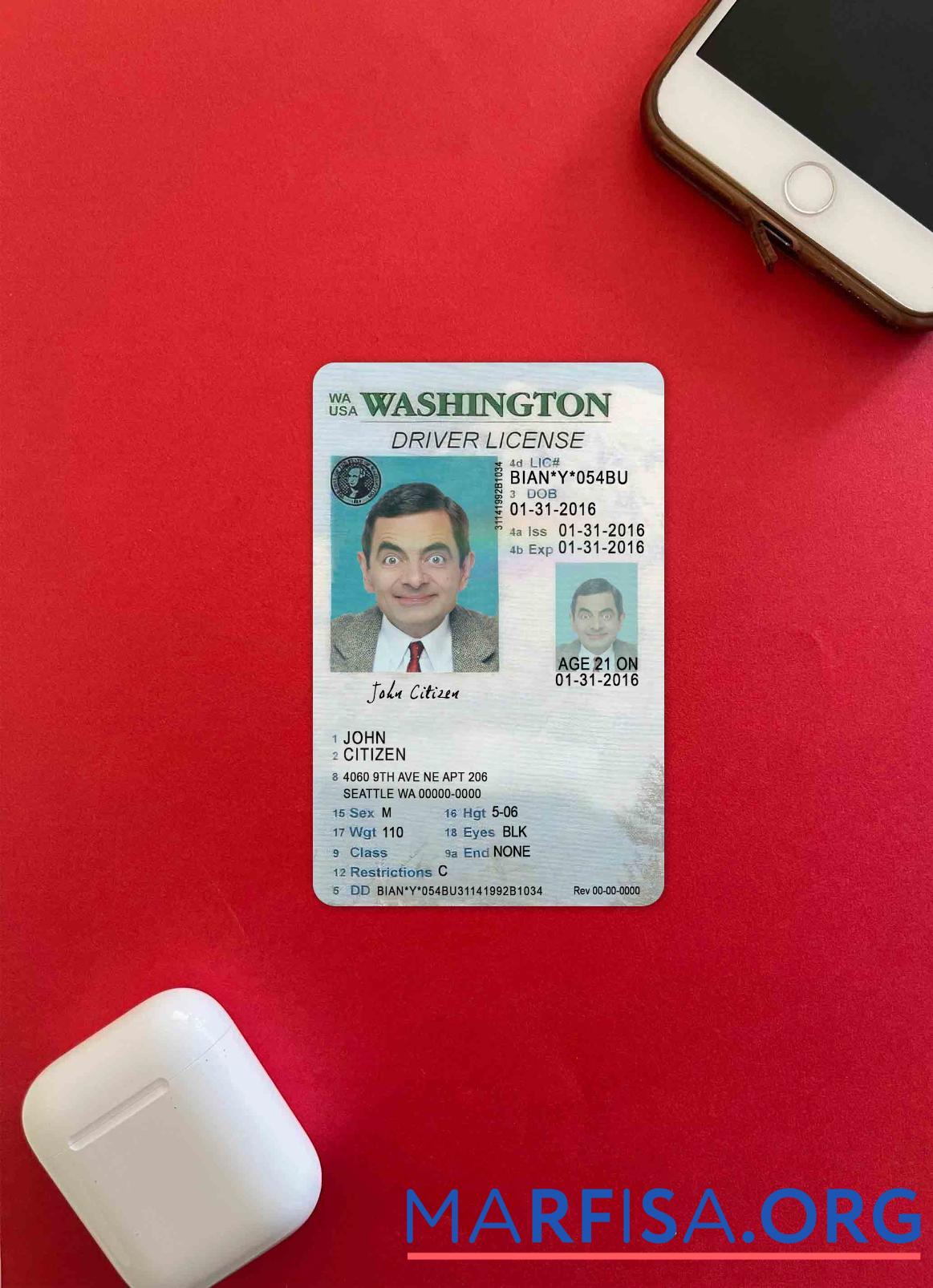 Printable USA Washigton driving license under 21 photolook example